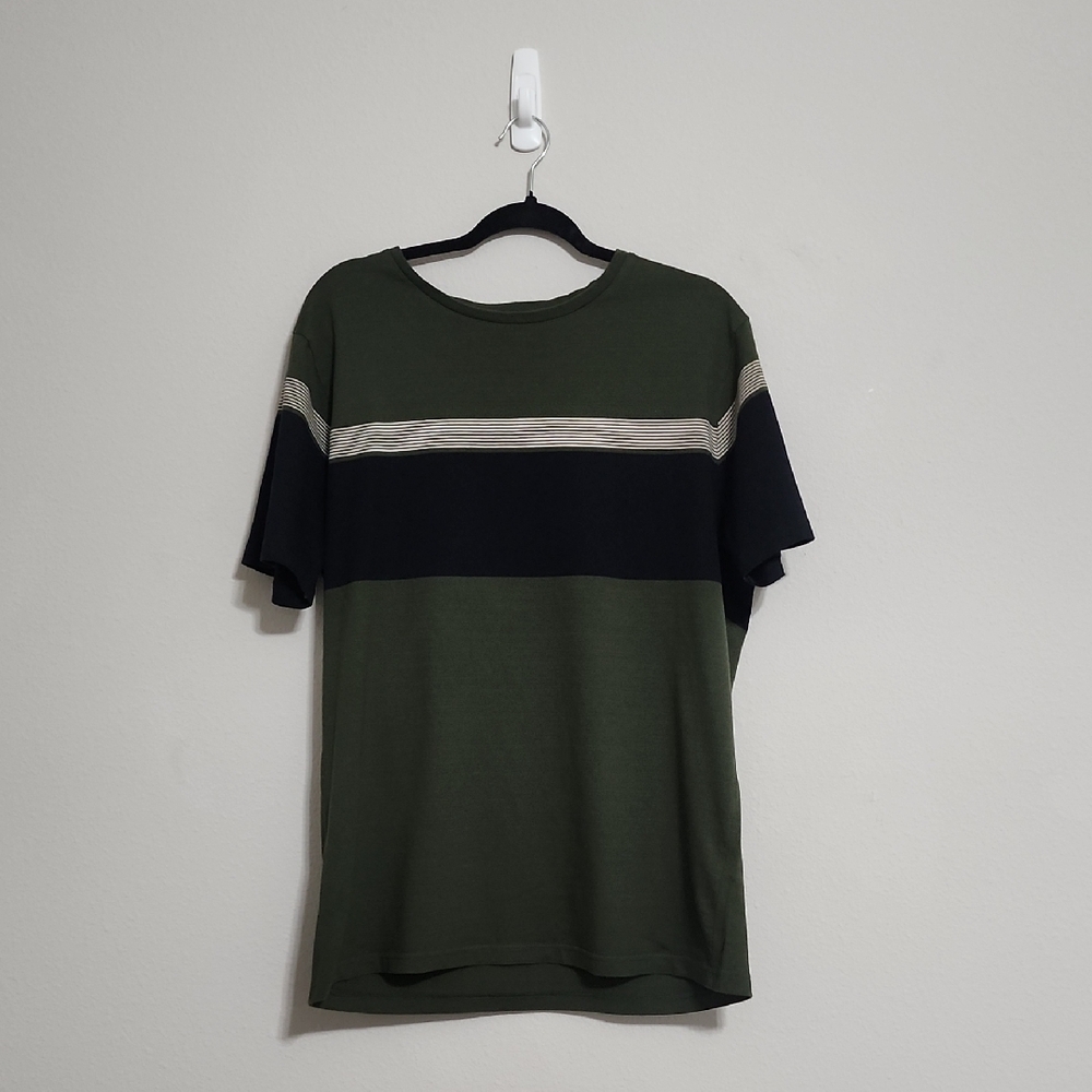 Men's Denim & Flower Brand Green and Dark Navy Black Striped Shirt T Shirt